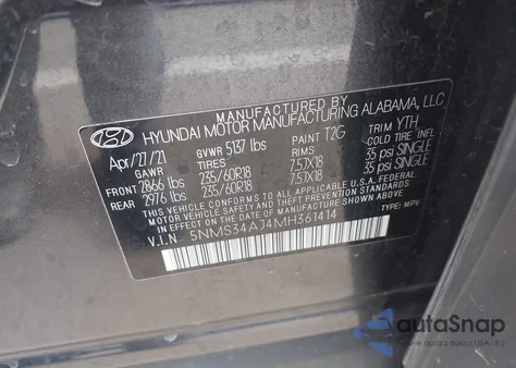 2021 Hyundai Santa Fe Sel from USA, damaged, VIN 5NMS34AJ4MH361414